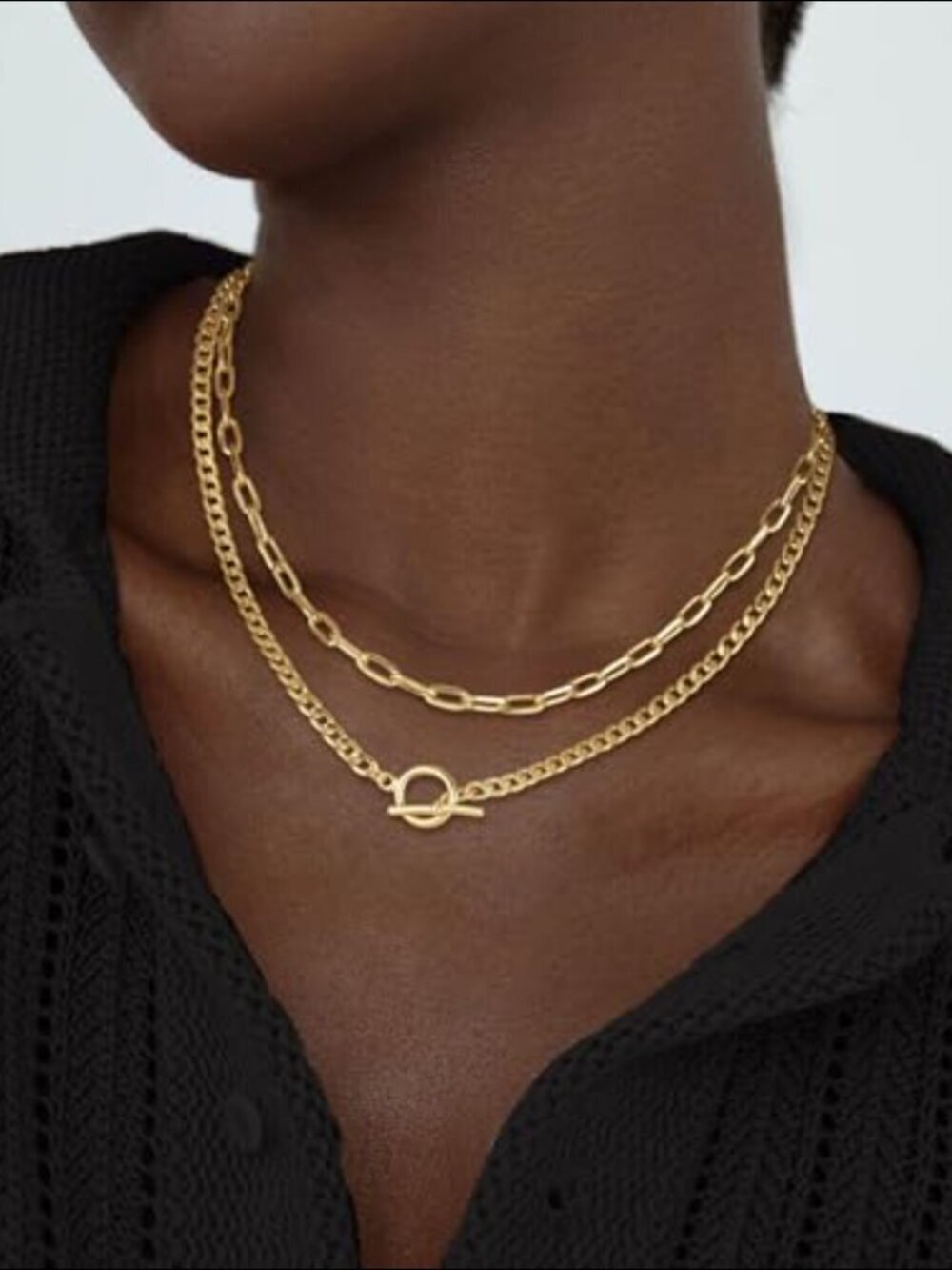 14K Yellow Gold Chain Necklac Layered Cuban Link Paperclip Toggle Clasp - Picture 3 of 5